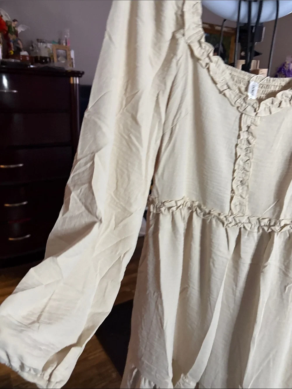 Girls' Cream Long Sleeve Ruffle Hem Dress
